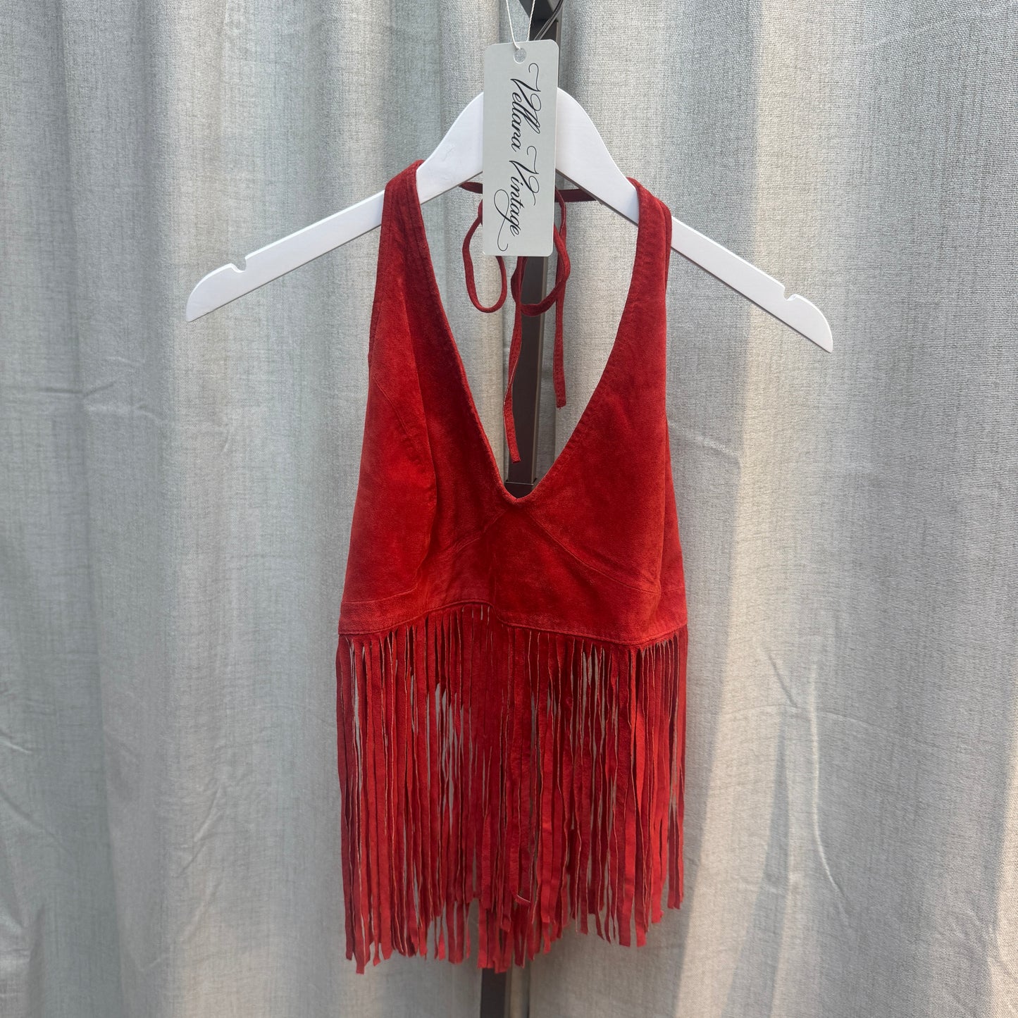 Red Suede Fringe Cropped Halter Top