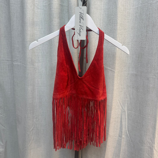 Red Suede Fringe Cropped Halter Top