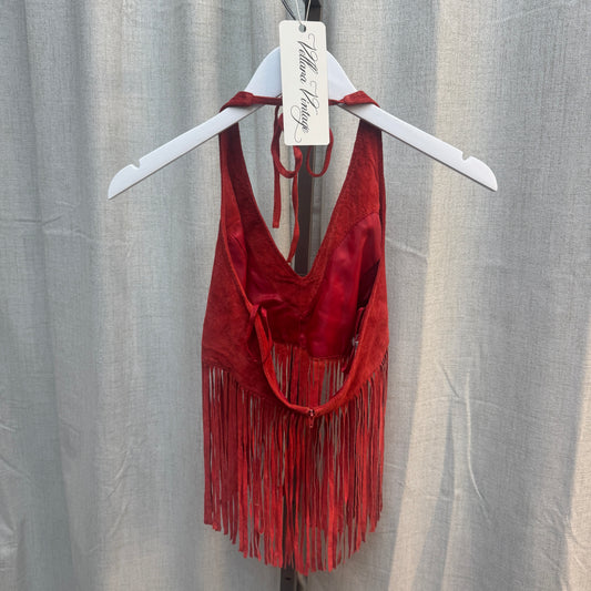 Red Suede Fringe Cropped Halter Top