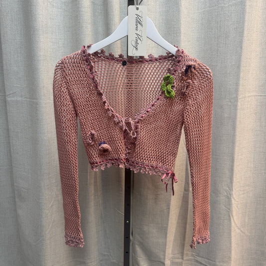 Pink Cropped Crochet Floral Cardigan
