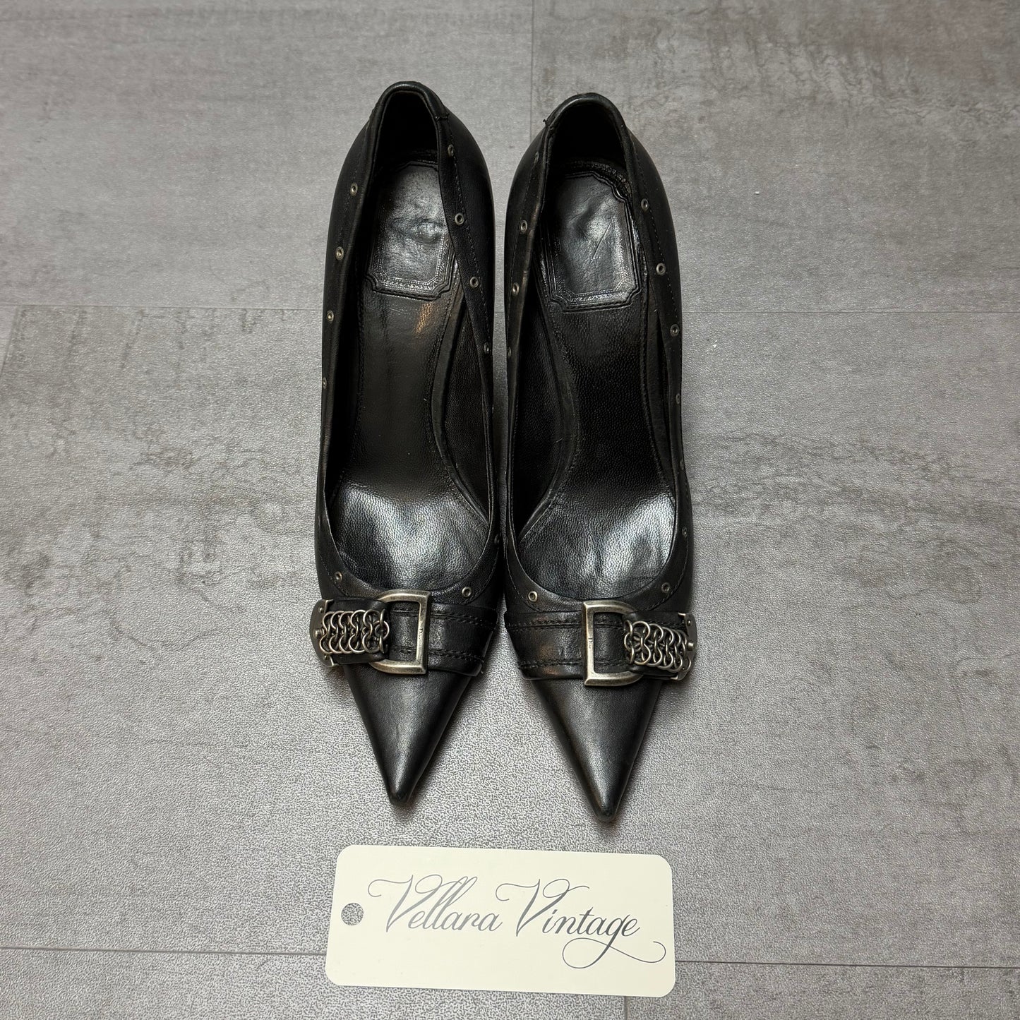 Black Dior Chainmail Buckle Heels