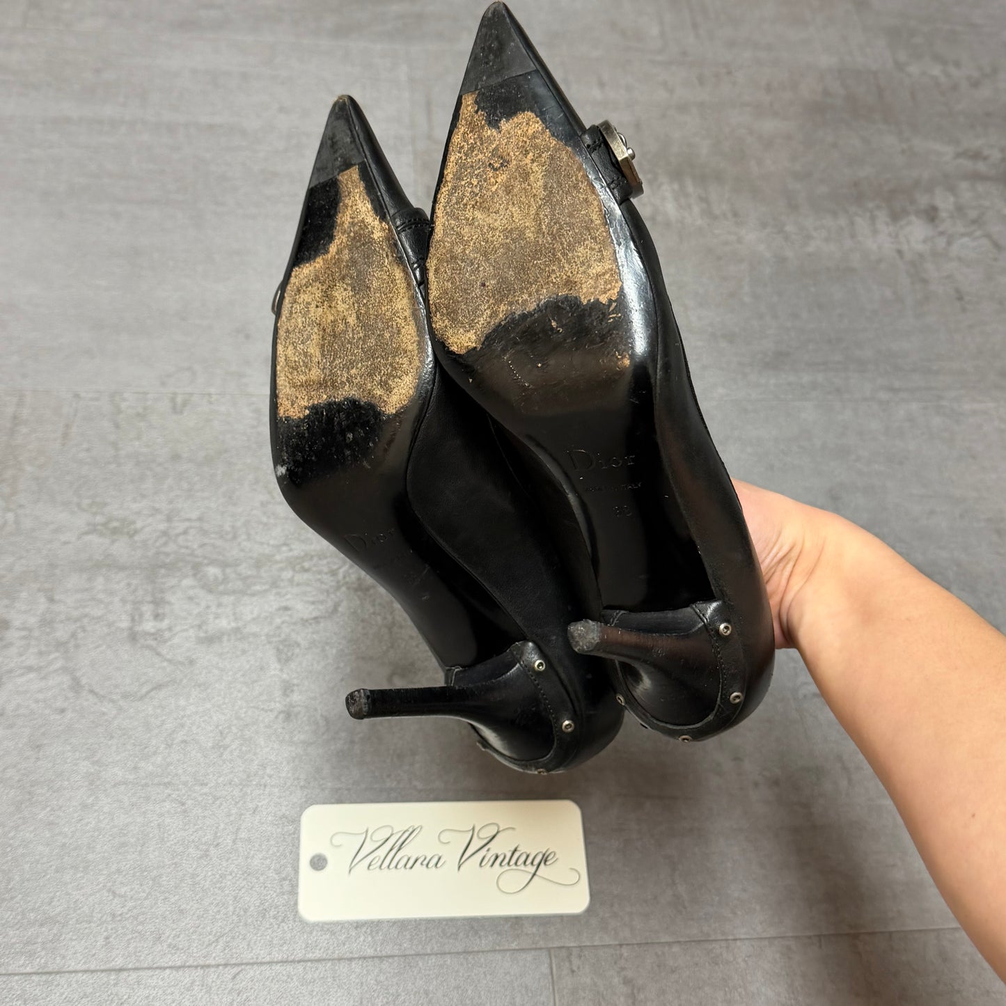 Black Dior Chainmail Buckle Heels