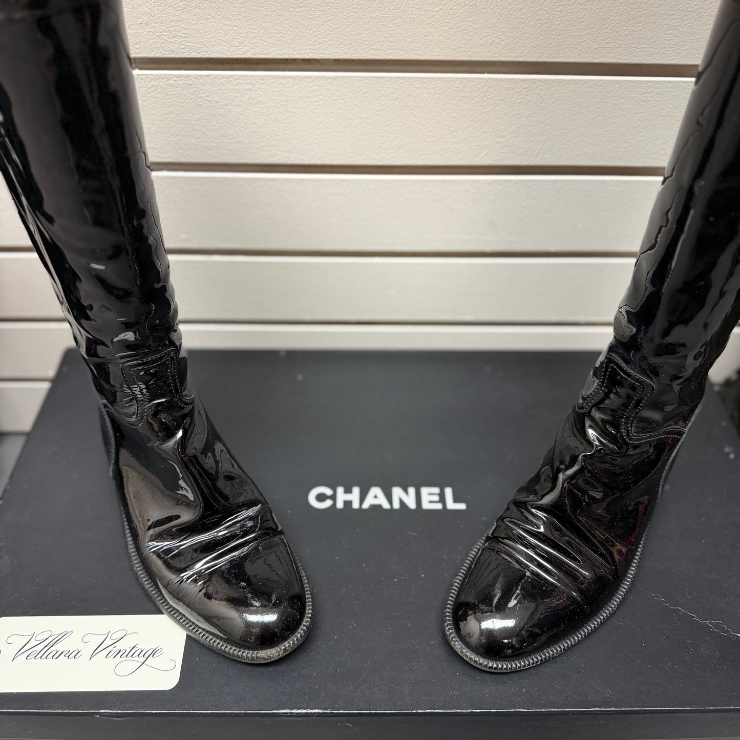 Black Chanel Tall Patent Leather Rain Boots