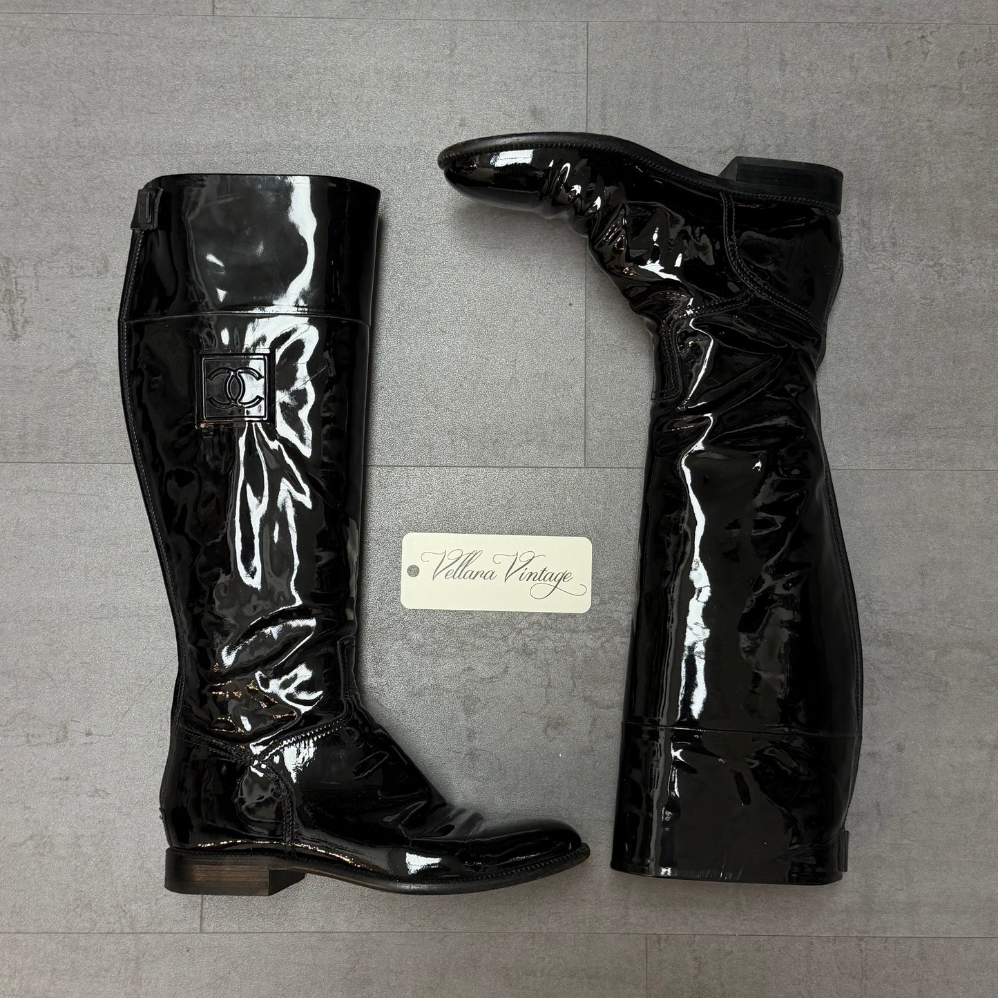 Black Chanel Tall Patent Leather Rain Boots