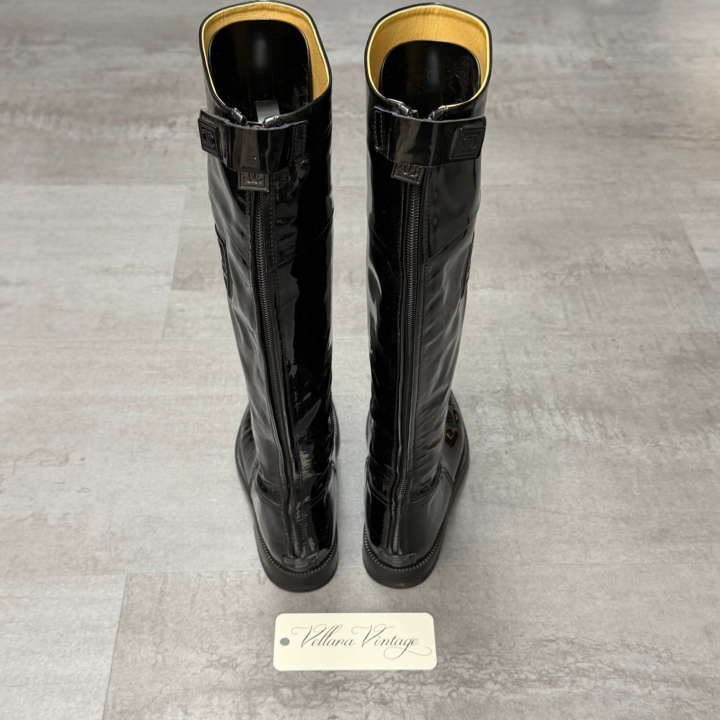 Black Chanel Tall Patent Leather Rain Boots