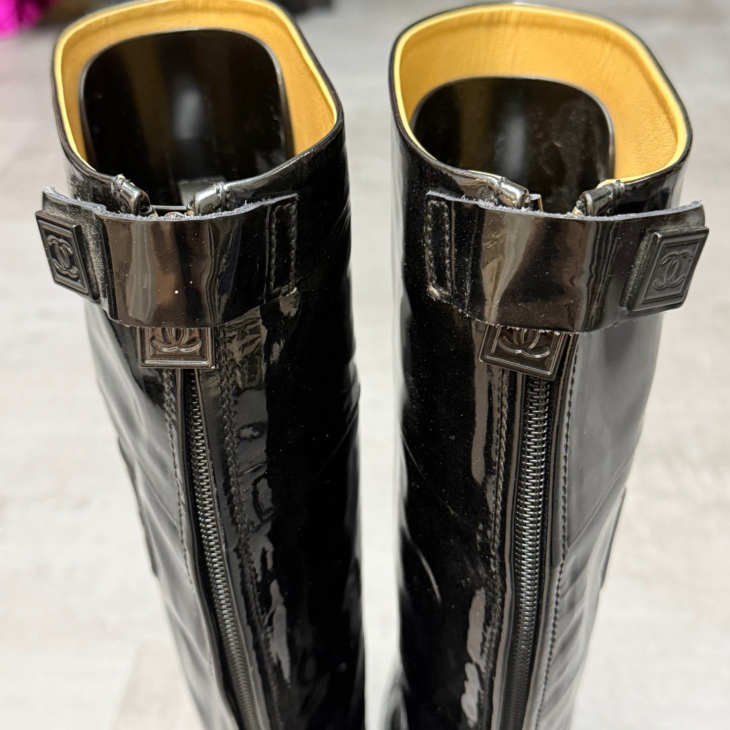 Black Chanel Tall Patent Leather Rain Boots