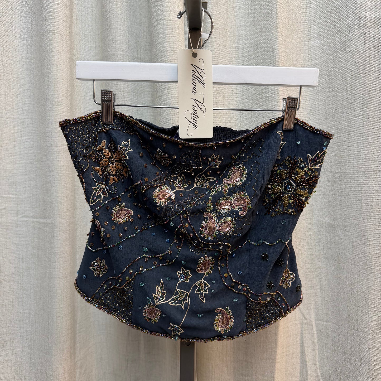 Dark Blue Beaded Paisley Strapless Top