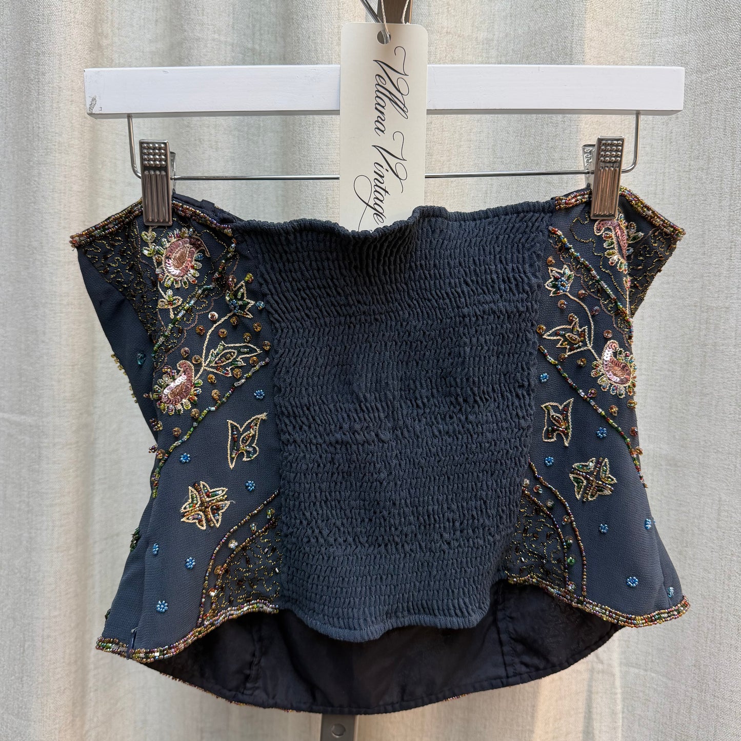 Dark Blue Beaded Paisley Strapless Top