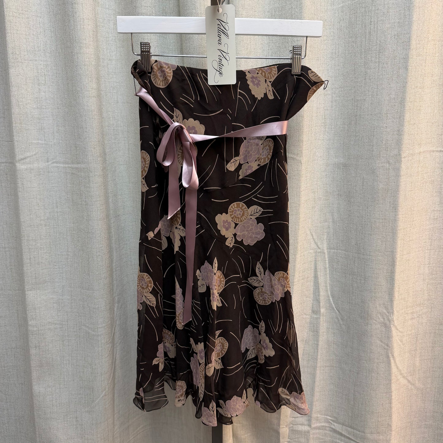 Brown Floral Midi Skirt with Ribbon