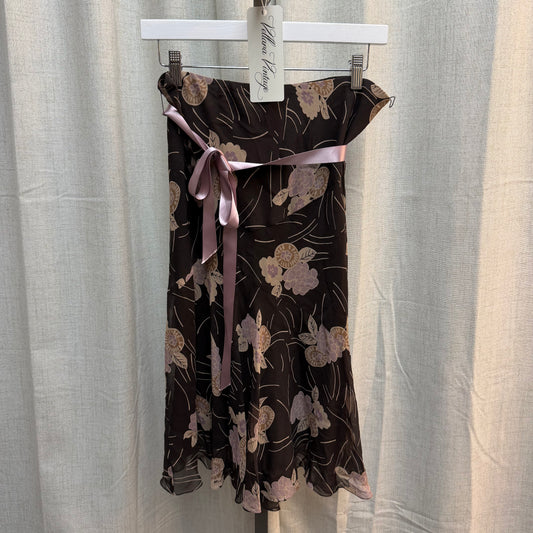 Brown Floral Midi Skirt with Ribbon