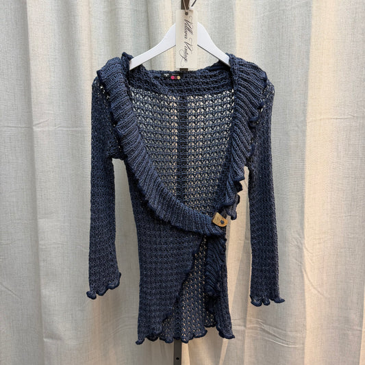 Blue Knit Cardigan with Wooden Buckle