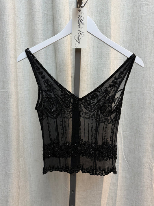 Black Beaded Art Deco Style Sheer Top 100% Silk