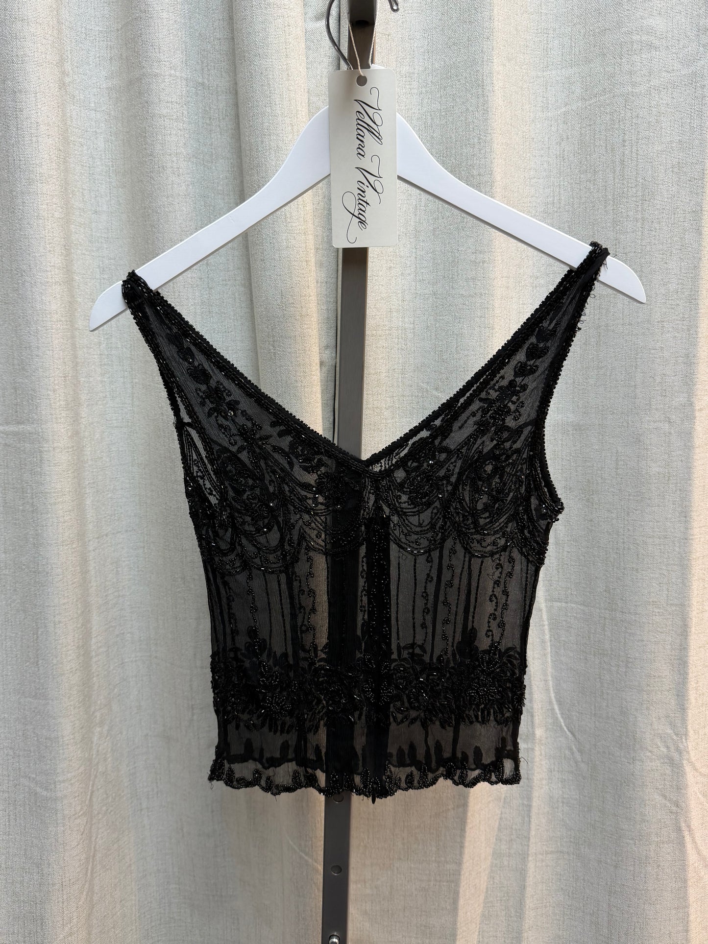 Black Beaded Art Deco Style Sheer Top 100% Silk