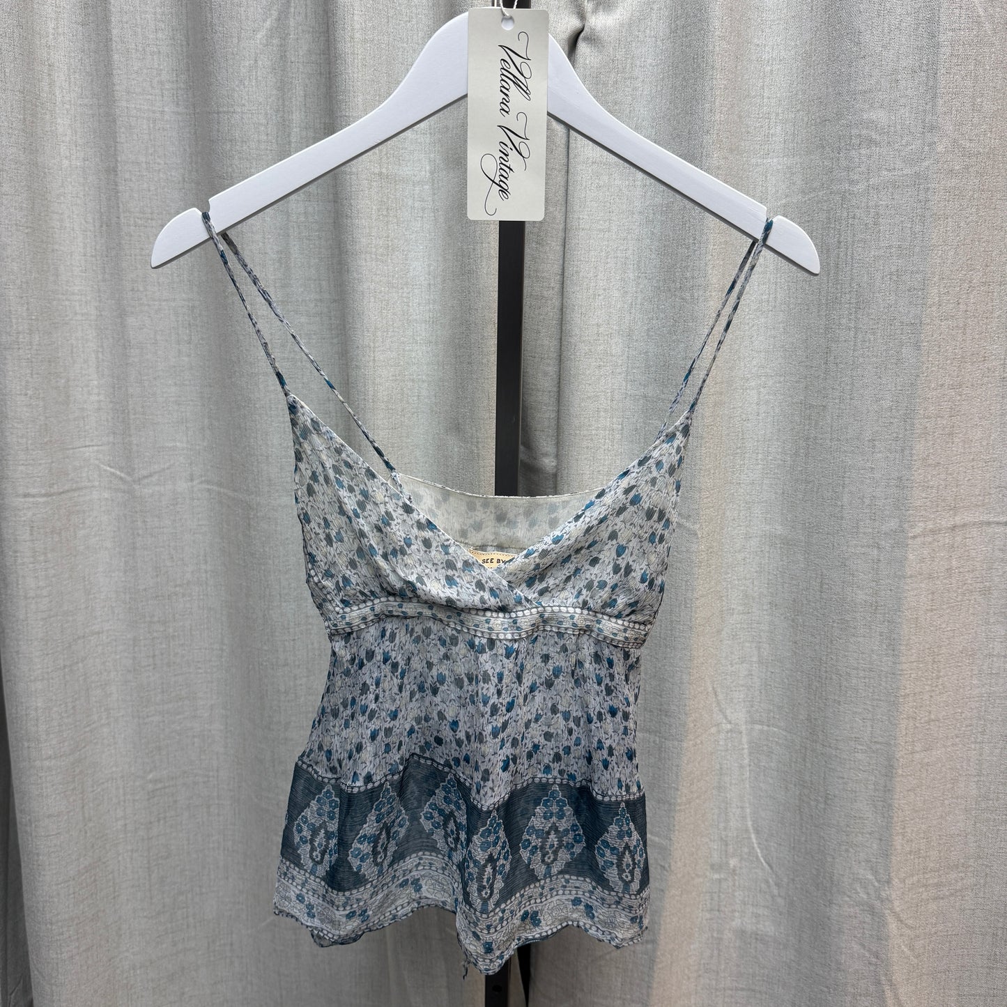 See by Chloé Blue Floral V-Neck Tie Tank Top