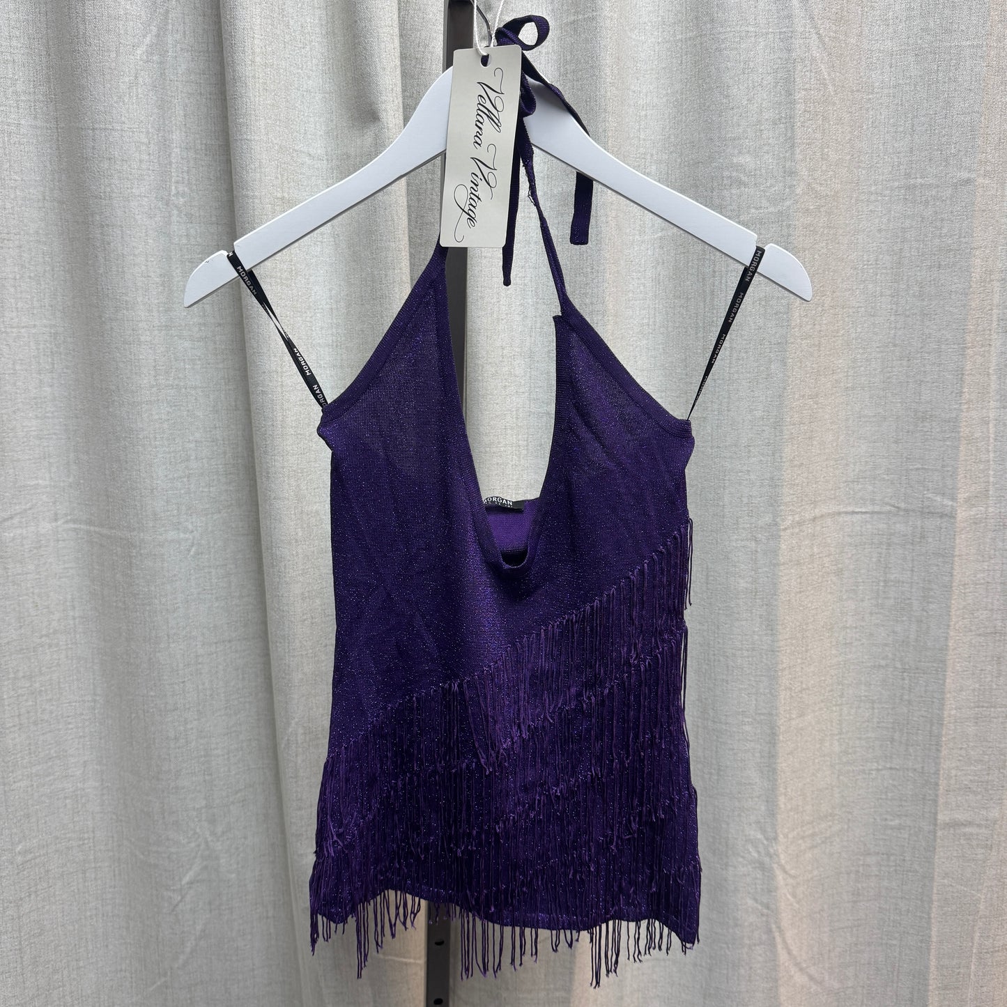 Morgan de Toi Purple Shimmery Fringe Halter Tank Top