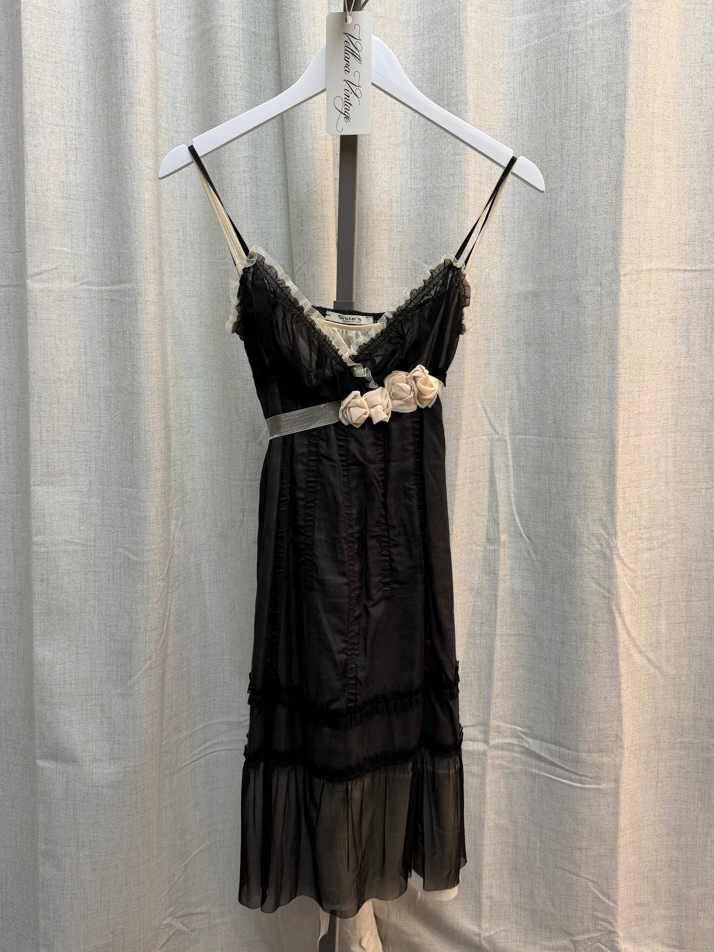 Black and Cream Midi Dress with Rosettes