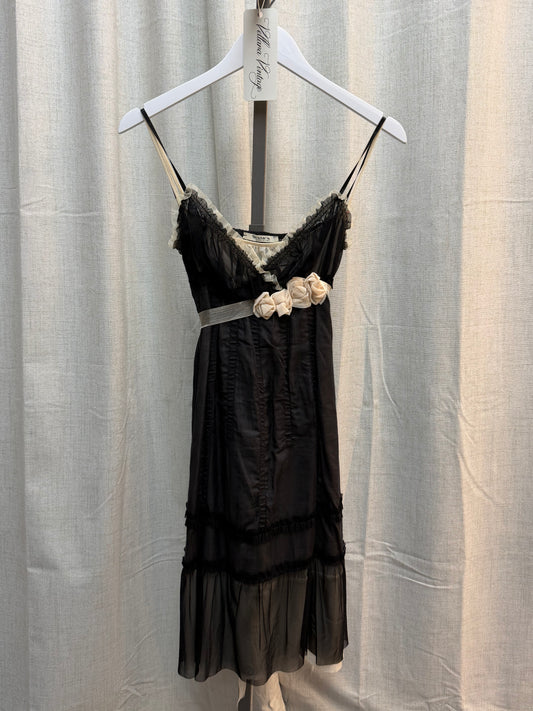 Black and Cream Midi Dress with Rosettes
