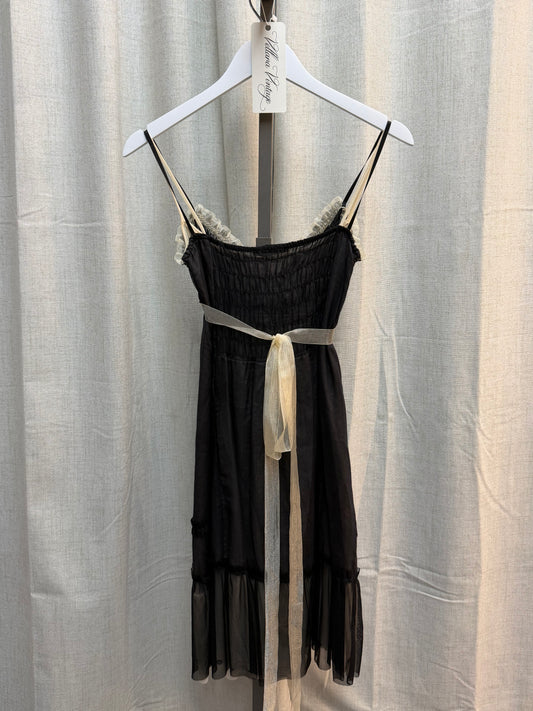 Black and Cream Midi Dress with Rosettes