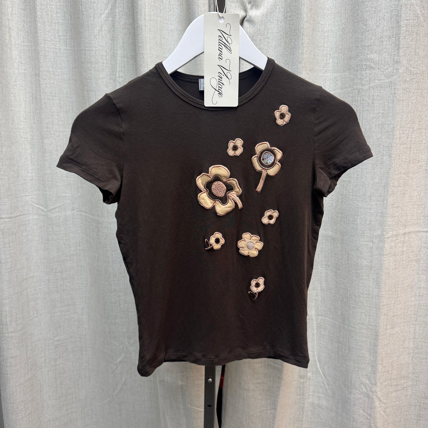 Moschino Jeans Brown Floral Embellished Cropped T-Shirt