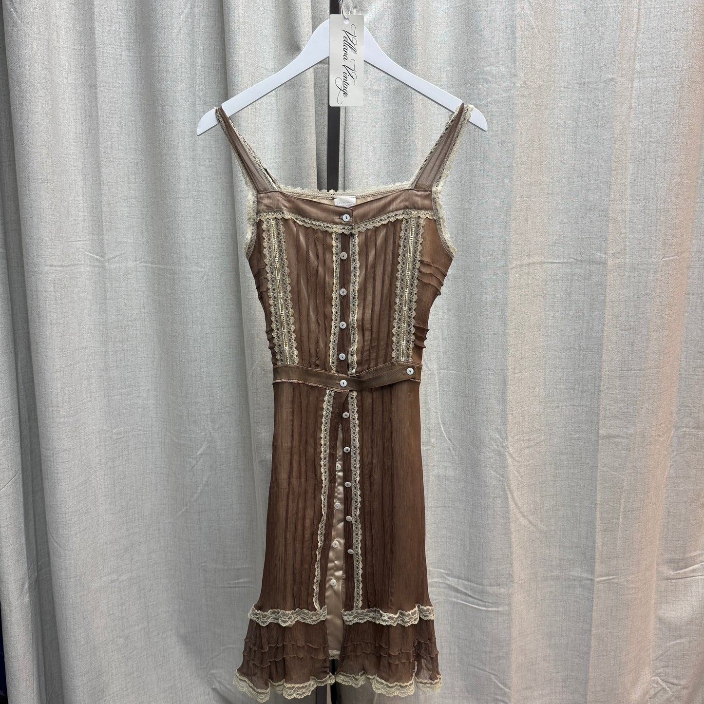 Silk Mocha Lace Trim Button-Front Midi Dress