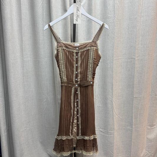 Silk Mocha Lace Trim Button-Front Midi Dress