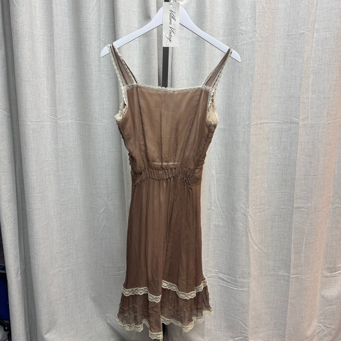 Silk Mocha Lace Trim Button-Front Midi Dress