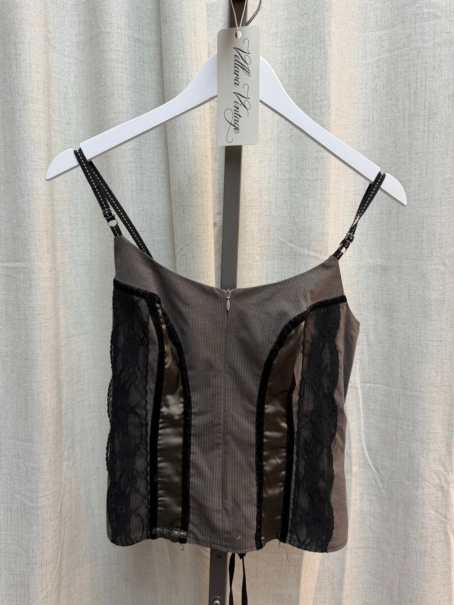 Gray Pinstripe Satin and Lace Bustier