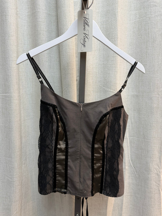 Gray Pinstripe Satin and Lace Bustier