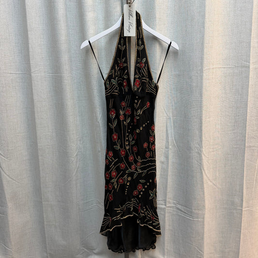 Black Halter Midi Dress with Gold and Red Beading
