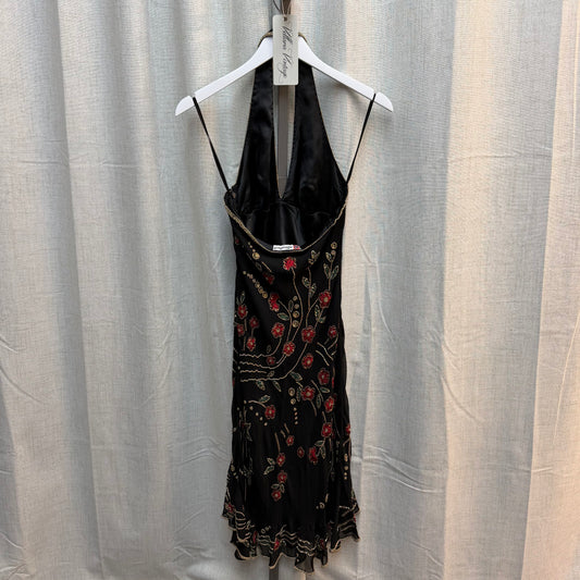 Black Halter Midi Dress with Gold and Red Beading