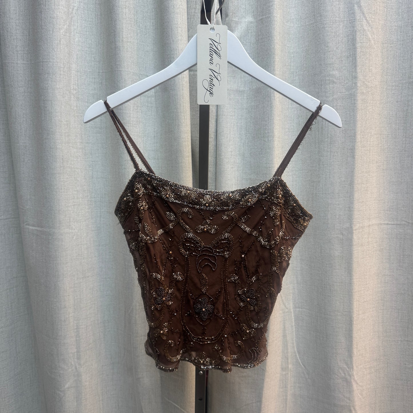 Brown Silk Beaded Tank Top