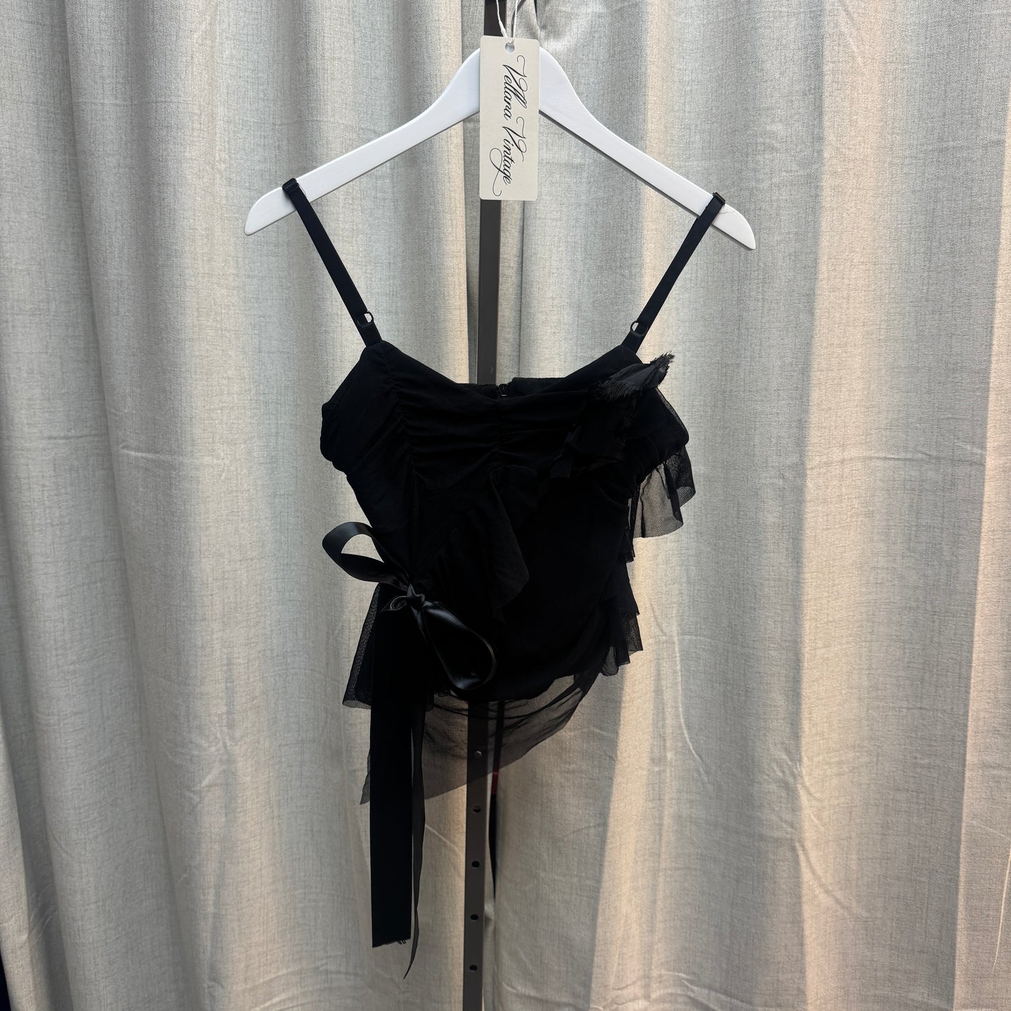Black Sheer Layered Ruffle Bow Cami Top