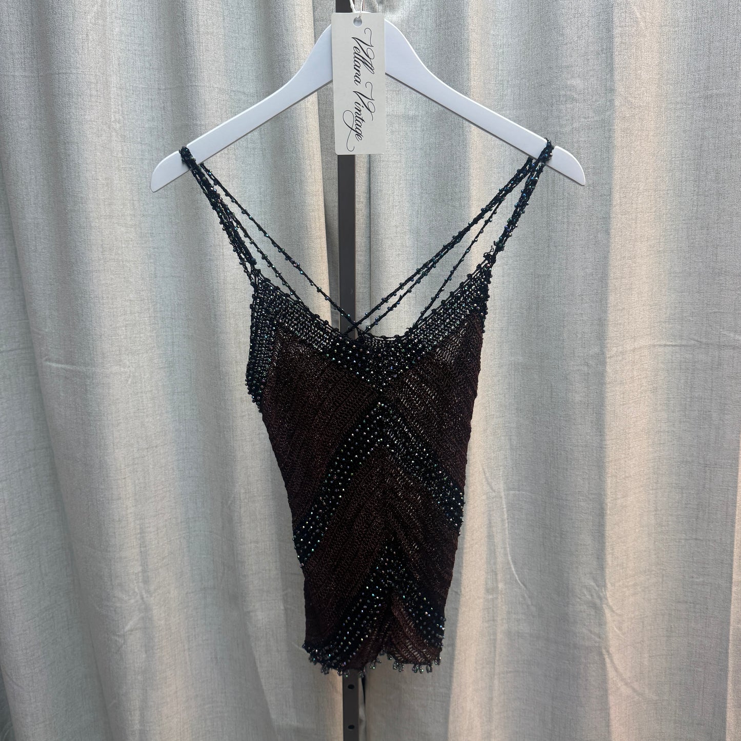 Brown and Black Iridescent Beaded Crochet Tank Top