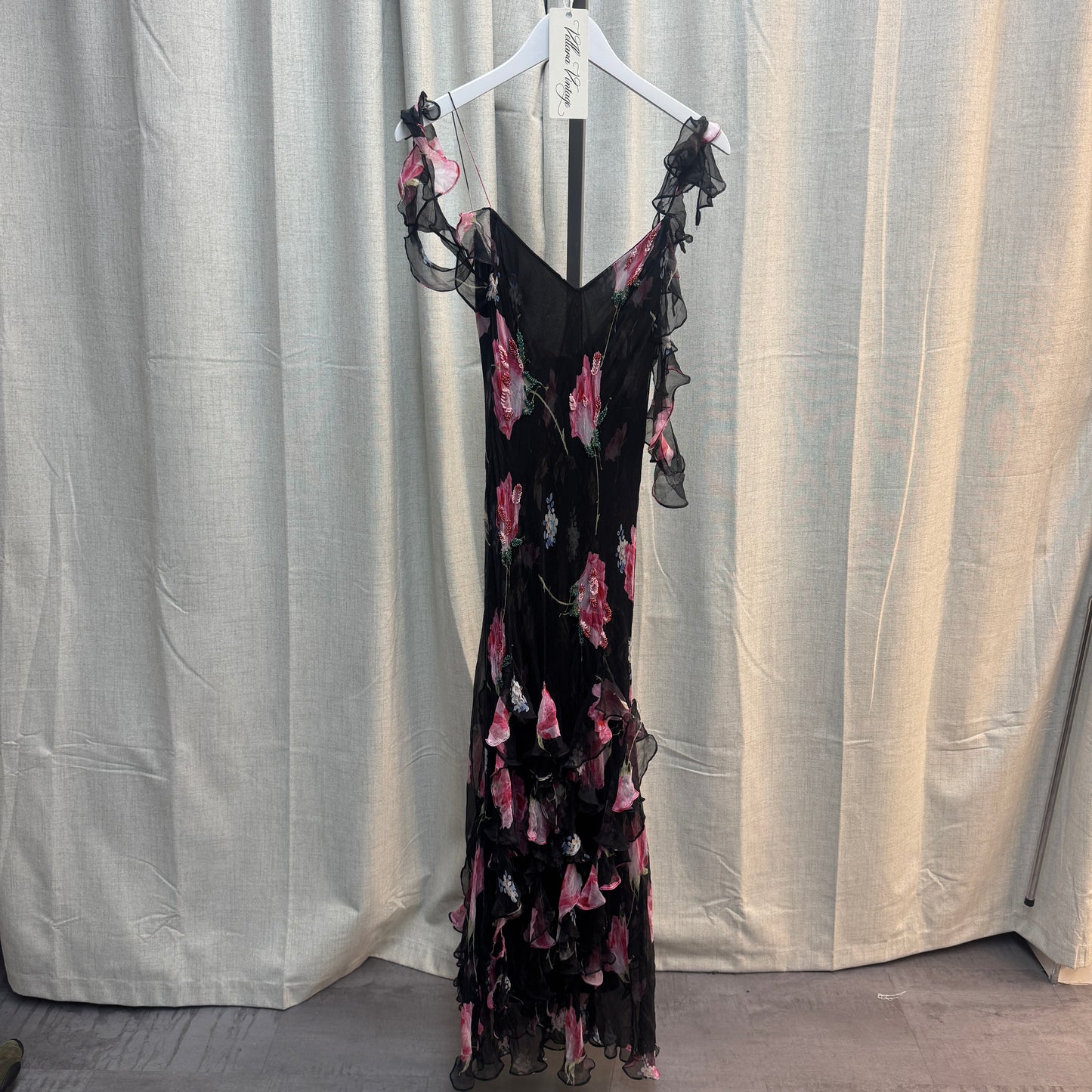 Floral Layered Ruffle Silk Maxi Dress