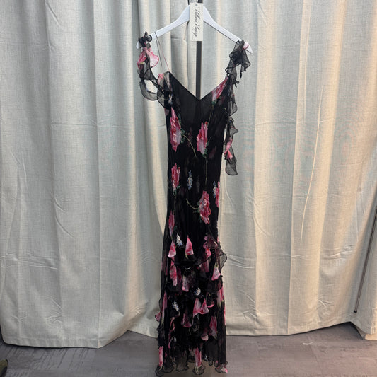Floral Layered Ruffle Silk Maxi Dress