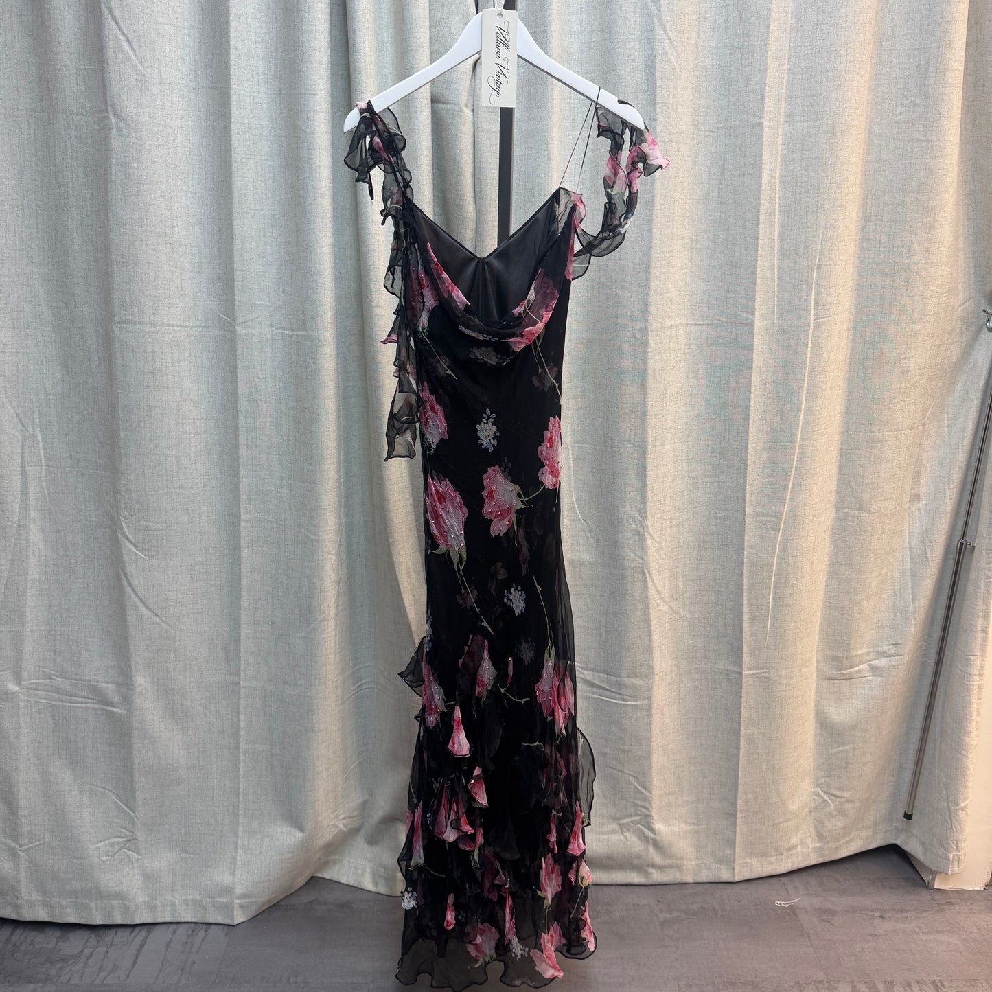 Floral Layered Ruffle Silk Maxi Dress