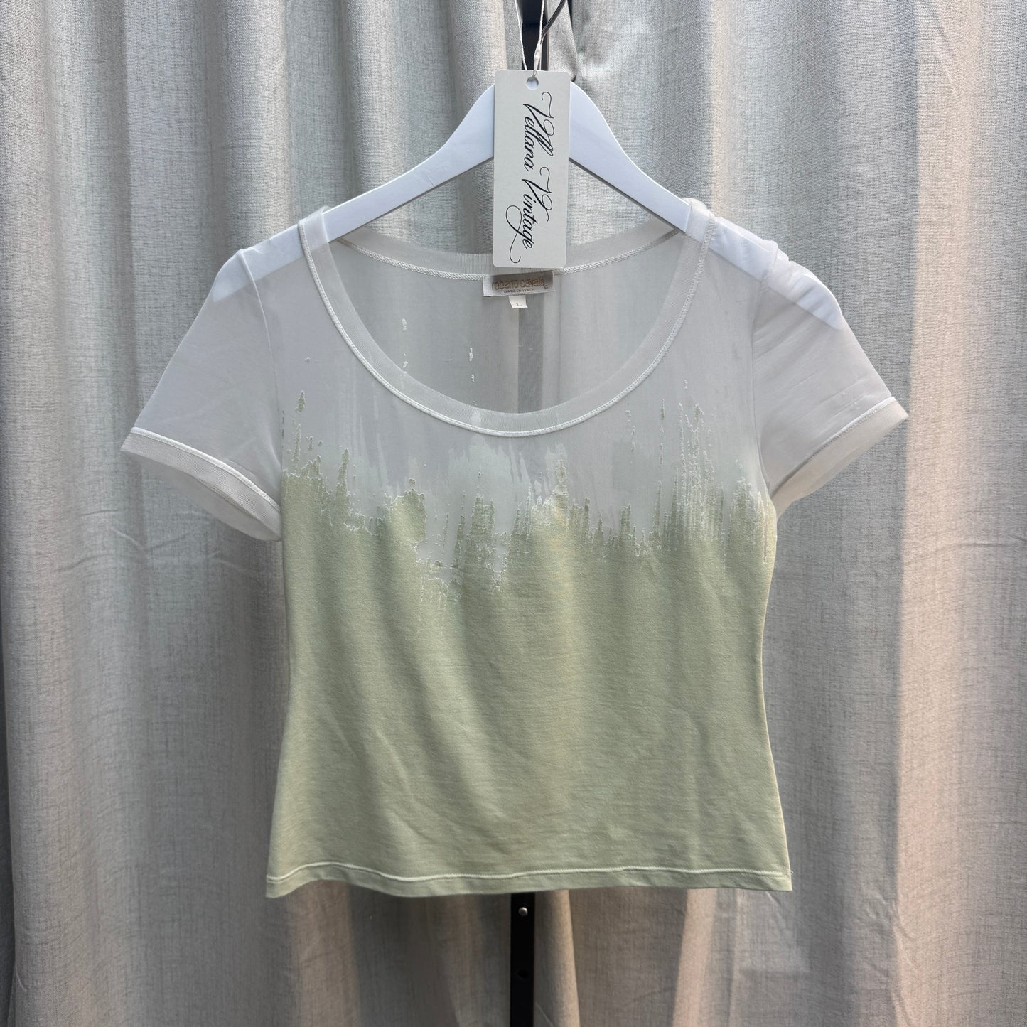 Roberto Cavalli Green 'Brushstroke' Velvet/Mesh Top