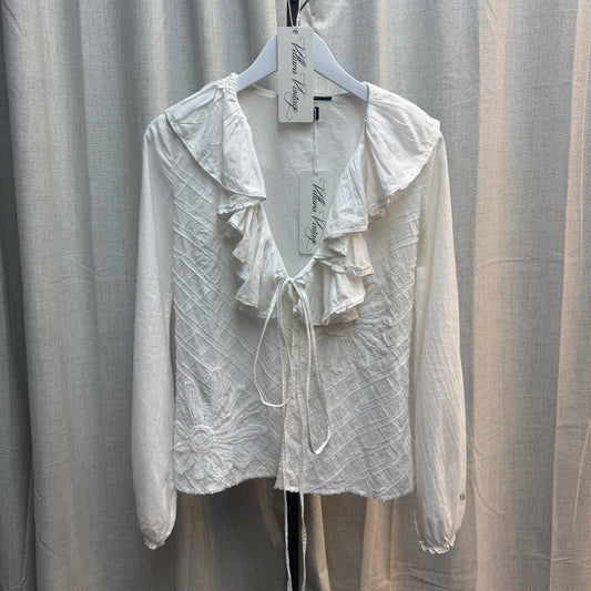 White Tie Front Ruffle Long-Sleeve Blouse