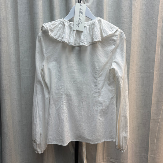 White Tie Front Ruffle Long-Sleeve Blouse