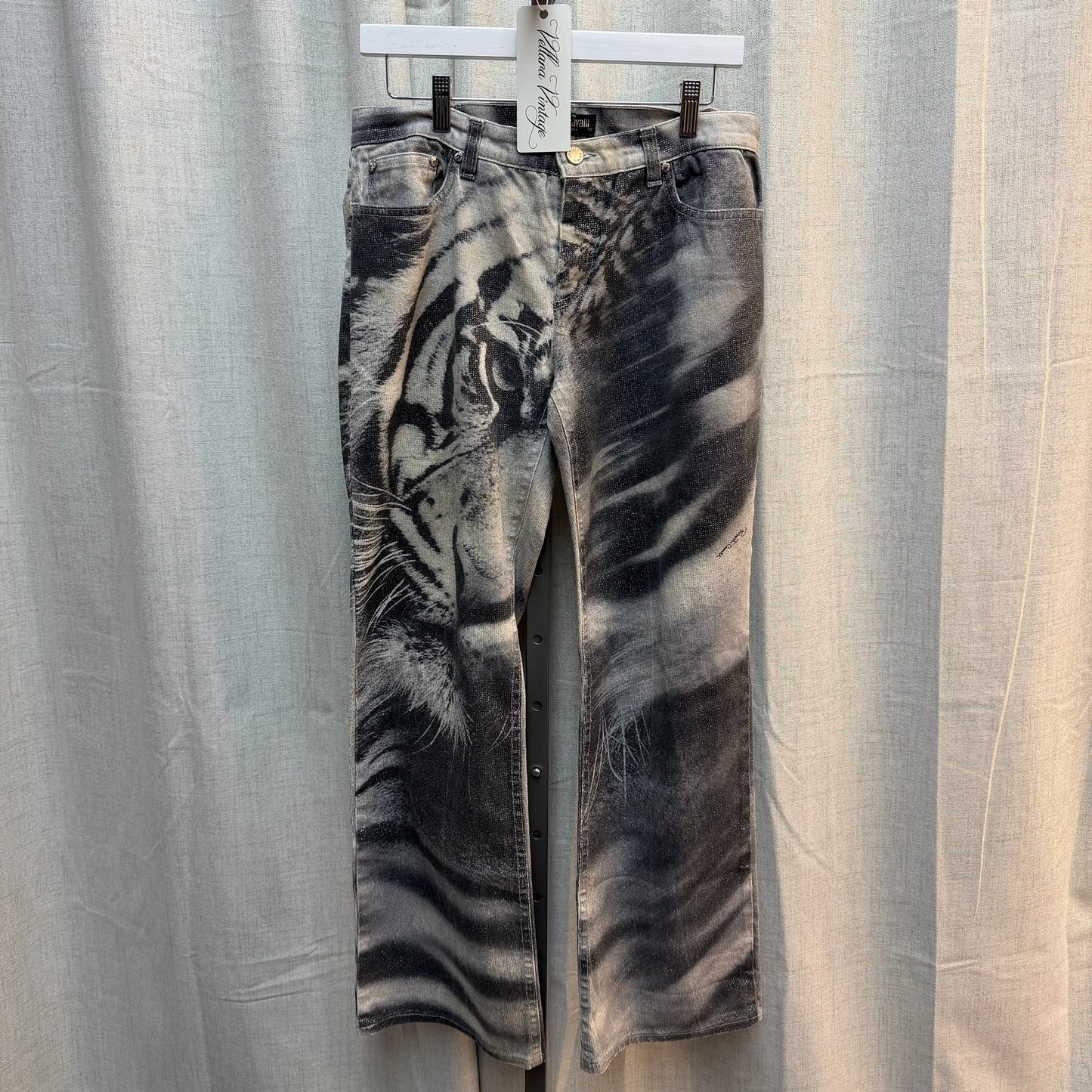 Roberto Cavalli Flared Tiger Print Denim Jeans Black/Grey