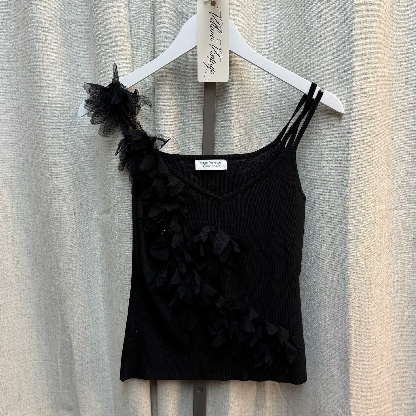 Papillon Rouge Black Floral Appliqué Asymmetrical Strap Top
