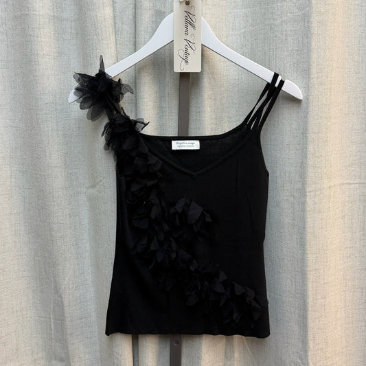 Papillon Rouge Black Floral Appliqué Asymmetrical Strap Top