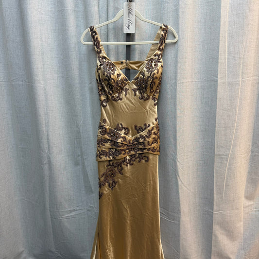 ZM Woman Gold Embellished Satin Evening Gown