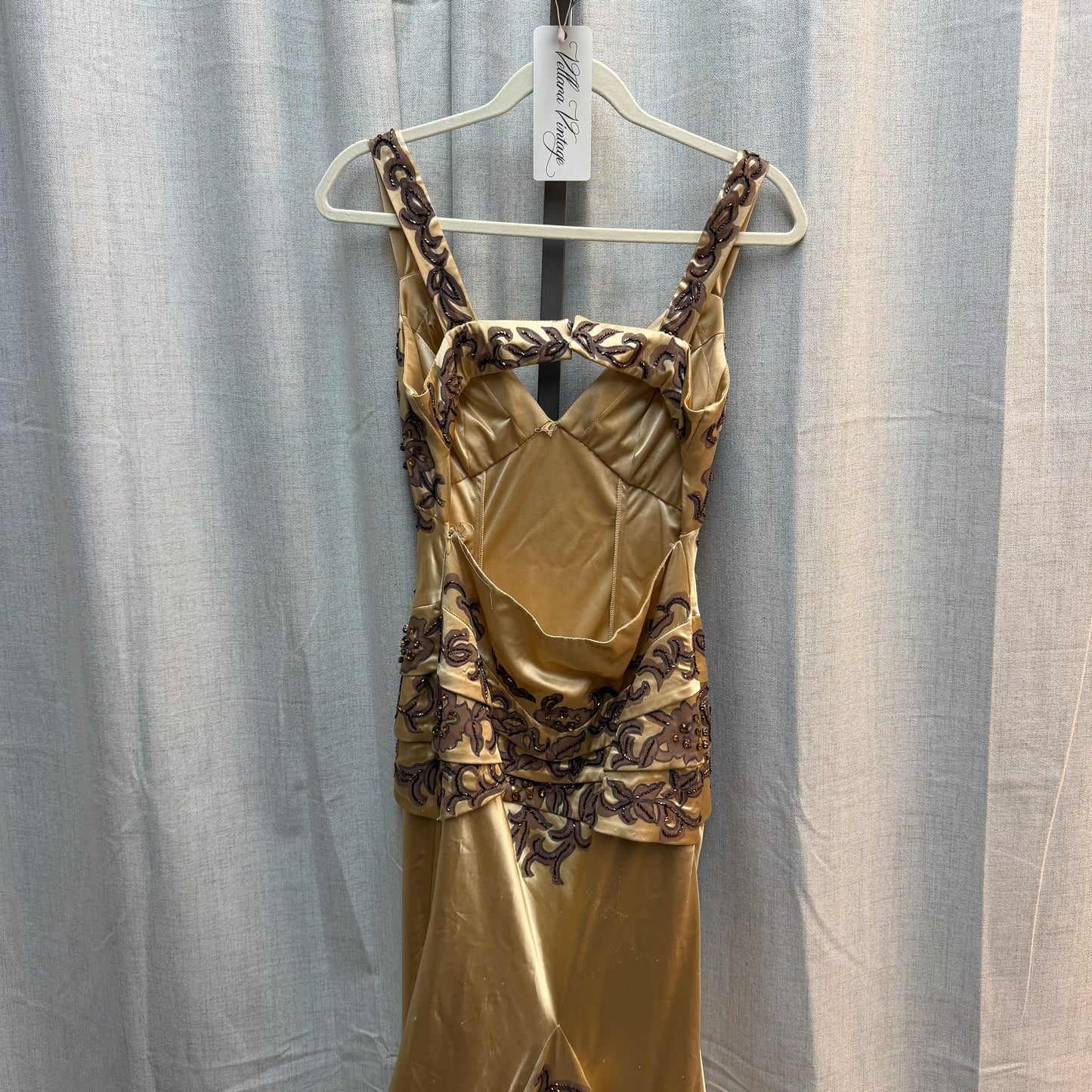 ZM Woman Gold Embellished Satin Evening Gown
