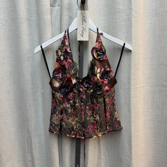 Brown Multicolor Floral Lace-Up Corset Top
