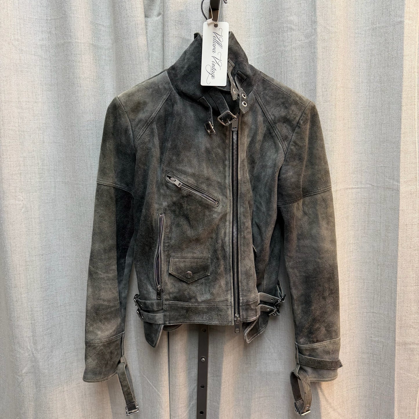 Diesel Gray Distressed Suede Genuine Leather Moto Jacket