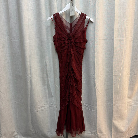 100% Silk Red Maroon Ruffled Maxi Dress