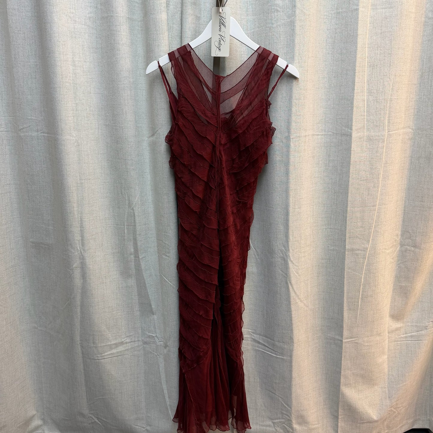 100% Silk Red Maroon Ruffled Maxi Dress