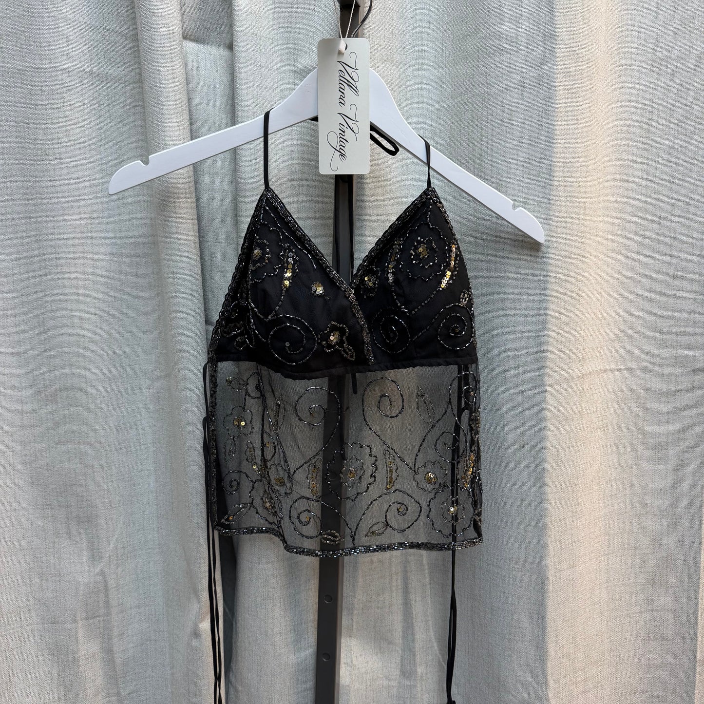 Black Beaded Tie-back Halter Top