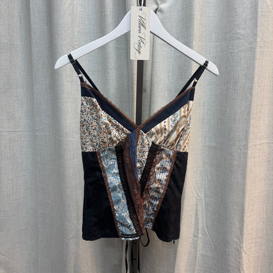 Blue and Brown Multicolored Abstract Corset-Style Tank Top